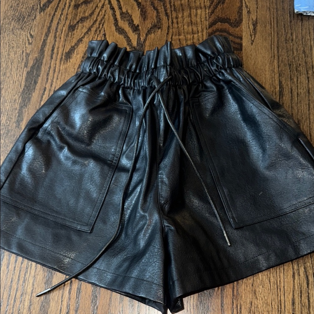 Black Leather Cinched Waist Women Shorts